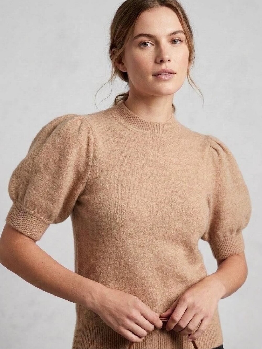 Banana Republic Alpaca Wool Blend Short Sleeve Puff Sleeve Sweater Camel Tan SzM